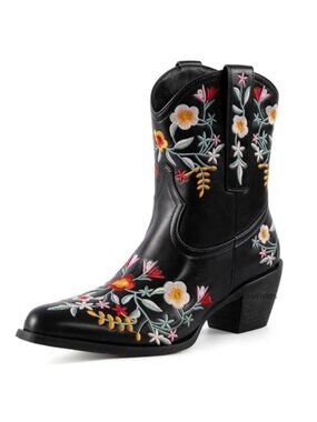 Flower Embroidered Snip Square Toe Cowgirl Ankle Boots Chunky Heel Pull On